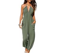 CUPSHE Damen Jumpsuit Neckholder Tiefer V Ausschnitt Rückenfrei Ärmellos Lang Weites Bein Overall Hosenanzug Playsuit Grün XL