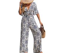 CUPSHE Damen Jumpsuit Sommer Boho V-Ausschnitt Overall Cut-Out Knoten Weites Bein Volantärmel Ethno Muster Strand Urlaub Playsuit Blue Paisley M