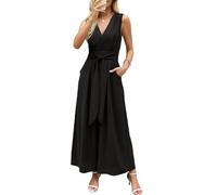 CUPSHE Damen Jumpsuit Tiefer V-Ausschnitt Ärmellos Overall Gesmokte Taille Weite Bein Sommer Elegant Playsuit mit Gürtel