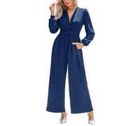 CUPSHE Damen Jumpsuit Tiefer V-Ausschnitt Overall Lange Puffärmel Weites Bein Playsuit Elegant Lässig Büro Hosenanzug Schwarz M
