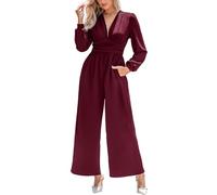 CUPSHE Damen Jumpsuit Tiefer V-Ausschnitt Overall Lange Puffärmel Weites Bein Playsuit Elegant Lässig Büro Hosenanzug Schwarz L