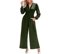 CUPSHE Damen Jumpsuit Tiefer V-Ausschnitt Overall Lange Puffärmel Weites Bein Playsuit Elegant Lässig Büro Hosenanzug Schwarz M