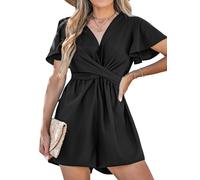 CUPSHE Damen Jumpsuit Tiefer V-Ausschnitt Strampler Kurze Flatterärmel Weite Beine Geknoteter Overall Sommer Strand Playsuit Schwarz S