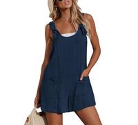 CUPSHE Damen Jumpsuit U-Ausschnitt Ärmellos Strampler Weites Bein Taschen Vorne Kurz Overall Sommer Strand Lose Hosenanzug Dunkelblau XS