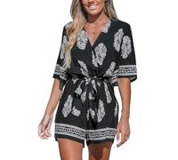 CUPSHE Damen Jumpsuit V-Ausschnitt Kurzarm Strampler mit Gürtel Weites Bein Ethnischer Overall Elegant Lose Hosenanzug Schwarz/Gelb M