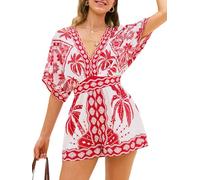 CUPSHE Damen Jumpsuit V-Ausschnitt Kurzarm Strampler mit Gürtel Weites Bein Ethnischer Overall Elegant Lose Hosenanzug Rote Blüten M