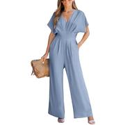 CUPSHE Damen Jumpsuit V-Ausschnitt Kurze Dolman-Ärmel Overall Weites Bein Strampler Lang Playsuit Sommer Elegant Hosenanzug Blau XL