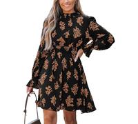 CUPSHE Damen Kleid High Neck Langarm Blumenmuster Kurzes Minikleid Freizeitkleider Party Tunika Dress Schwarz Floral L