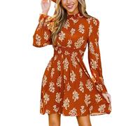 CUPSHE Damen Kleid High Neck Langarm Blumenmuster Kurzes Minikleid Freizeitkleider Party Tunika Dress Burnt Orange XL