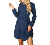 CUPSHE Damen Kleid Rundhals Langarm Volantsaum A Linien Herbst Winter Rippstruktur Kurzes Minikleid Freizeitkleider Tiered Mini Dress Marineblau XL