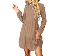 CUPSHE Damen Kleid Rundhals Langarm Volantsaum A Linien Herbst Winter Rippstruktur Kurzes Minikleid Freizeitkleider Tiered Mini Dress Camel M