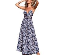 CUPSHE Damen Kleid V Ausschnitt Twist vorne Blumendruck Verstellbares Cami Maxikleid Freizeitkleider Boho Beach Maxi Dress Marineblau Paisley L