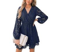 CUPSHE Damen Kleid V Ausschnitt Wickeloptik Langarm Rüschen Floral Spitzen MInikleid Freizeitkleider Party Wrap Lace Mini Dress Marineblau L