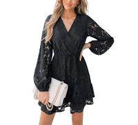 CUPSHE Damen Kleid V Ausschnitt Wickeloptik Langarm Volant Floral Spitzen Minikleid Freizeitkleider Party Wrap Lace Mini Dress