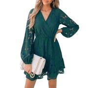 CUPSHE Damen Kleid V Ausschnitt Wickeloptik Langarm Volant Floral Spitzen Minikleid Freizeitkleider Party Wrap Lace Mini Dress Grün L