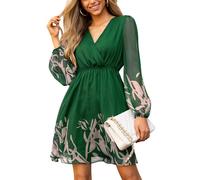 CUPSHE Damen Kleid V Ausschnitt Wickeloptik Transparente Lange Ärmel Blumenmuster Freizeitkleider Wrap Mini Dress Grünes Paisley XS