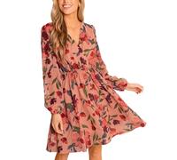 CUPSHE Damen Kleid V Ausschnitt Wickeloptik Transparente Lange Ärmel Blumenmuster Freizeitkleider Wrap Mini Dress Staubige Rose L