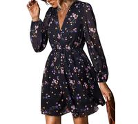 CUPSHE Damen Kleid V Ausschnitt Wickeloptik Transparente Lange Ärmel Freizeitkleider Wrap Mini Dress Schwarzes Ditsy M