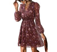 CUPSHE Damen Kleid V Ausschnitt Wickeloptik Transparente Lange Ärmel Freizeitkleider Wrap Mini Dress Burgunderrot Ditsy M