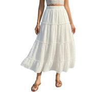 CUPSHE Damen Maxirock Sommerrock Boho A-Linie High Waist Volant Gesmokter Bund Leichter Strandrock Flowy Blickdicht Elegant Langer Rock Weiß XL
