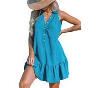 Cupshe Damen-Minikleider, Knopf-V-Ausschnitt, geraffte ärmellose A-Linie, lässiges sommerliches Überkleid, Seeblau, Klein