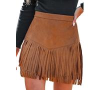 CUPSHE Damen Minirock Wildlederoptik Fransen High Waist Cowgirl | V-förmige Nahtführung, schwingende Fransen, Rückenreißverschluss, Western-Look für Herbst Festival Party Date Fasching