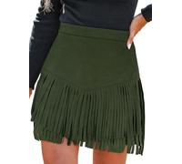 CUPSHE Damen Minirock Wildlederoptik Fransen High Waist Cowgirl | V-förmige Nahtführung, schwingende Fransen, Rückenreißverschluss, Western-Look für Herbst Festival Party Date Fasching