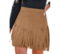 CUPSHE Damen Minirock Wildlederoptik Fransen High Waist Cowgirl | V-förmige Nahtführung, schwingende Fransen, Rückenreißverschluss, Western-Look für Herbst Festival Party Date Fasching