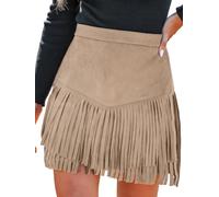 CUPSHE Damen Minirock Wildlederoptik Fransen High Waist Cowgirl | V-förmige Nahtführung, schwingende Fransen, Rückenreißverschluss, Western-Look für Herbst Festival Party Date Fasching