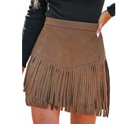 CUPSHE Damen Minirock Wildlederoptik Fransen High Waist Cowgirl | V-förmige Nahtführung, schwingende Fransen, Rückenreißverschluss, Western-Look für Herbst Festival Party Date Fasching
