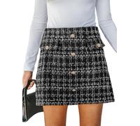 CUPSHE Damen Rock Hoher Bund Knöpfen Tweed Karo Minirock High Waist Kurz Karierter Freizeitrock Elegant Mini Short Skirt Schwarz XL