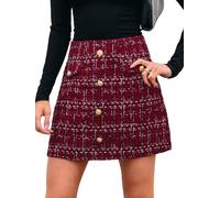 CUPSHE Damen Rock Hoher Bund Knöpfen Tweed Karo Minirock High Waist Kurz Karierter Freizeitrock Elegant Mini Short Skirt, Bordeauxrot, XL