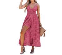 CUPSHE Damen Rüschen Smocking Jumpsuit Sommer Slip V Ausschnitt Rückenfrei Maxi High Low, Altrosa, S, (CAA13A2E001DES)