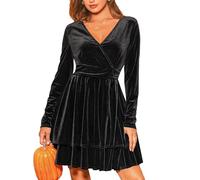 CUPSHE Damen Samt Kleid Cocktail V-Ausschnitt Langarm Elastische Taille Ausgestelltes Skater Minikleid Schwarz S