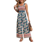 CUPSHE Damen Sommer Jumpsuit Blumenmuster Gesmokt Ärmellos Overall Eckiger Ausschnitt Weites Bein Boho Urlaub Playsuit Blau/Rosa L