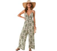 CUPSHE Damen Sommer Jumpsuit Paisley V-Ausschnitt Ärmellos Spaghettiträger Overall Weites Bein Gesmokte Taille Boho Strand Lose Playsuit Grün M