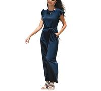 CUPSHE Damen Sommer Jumpsuit Rundhals Volantärmeln V-Rücken Overall mit Gürtel Weites Bein Elegant Alltag Playsuit Marineblau XL