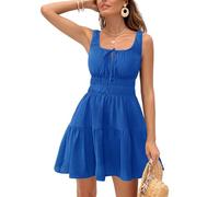 CUPSHE Damen Sommerkleid Ärmellos Minikleid Bindeband Vorne Gesmokte Taille Gestufter Rüschensaum A-Linie Strandkleid Freizeitkleid Urlaub Party Kurzes Kleid Royal Blau XL