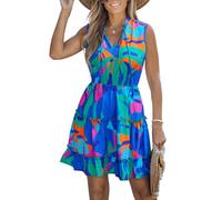 CUPSHE Damen Sommerkleid Ärmellos V-Ausschnitt Bindeband Elastische Taille Minikleid Stufenkleid Volant A-Linie Freizeitkleid Strandkleid Grün Blau XL