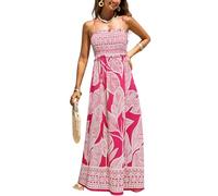 CUPSHE Damen Sommerkleid Blumenmuster Gesmokt Ärmellos Maxikleid Rüschen Spaghettiträger Lang Freizeitkleider Maxi Dress Fuchsia Tropical,S
