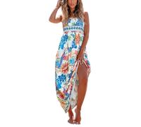 CUPSHE Damen Sommerkleid Blumenmuster Gesmokt Ärmellos Maxikleid Rüschen Spaghettiträger Lang Freizeitkleider Maxi Dress Blau Tropisch S