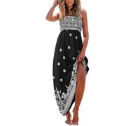 CUPSHE Damen Sommerkleid Blumenmuster Gesmokt Ärmellos Maxikleid Rüschen Spaghettiträger Lang Freizeitkleider Maxi Dress Schwarz S