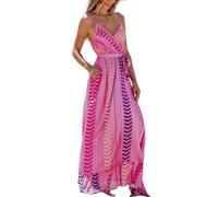 CUPSHE Damen Sommerkleid Boho V-Ausschnitt Ärmellos Maxikleid Spaghettiträger Freizeitkleid Rüschensaum Strandkleid mit Gürtel Rosa Paisley M