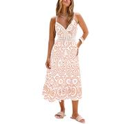CUPSHE Damen Sommerkleid Boho V Ausschnitt Spaghettiträger Strandkleid Ärmellos Quaste Häkeln Freizeitkleider Midikleid Orange Paisley,XL