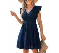 CUPSHE Damen Sommerkleid Gerafft Ärmellos V-Ausschnitt Kleid Rüschen Freizeitkleider A-Linie Strand Mini Dress Marineblau,L