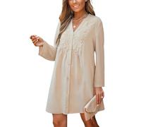 CUPSHE Damen Sommerkleid Knopfleiste V-Ausschnitt Lockeres Hemdblusenkleid Spitze Strandkleid Minikleid A-Linie Musselin Kleid Beige L