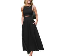 CUPSHE Damen Sommerkleid Rundhals Ärmellos Cutout Strandkleid A-Linie Elegant Freizeitkleider Maxi Dress Schwarz S