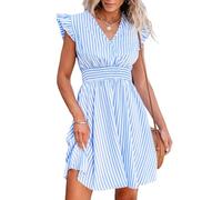 CUPSHE Damen Sommerkleid V-Ausschnitt Flatterärmel Minikleid Gesmokte Taille A-Linie Freizeitkleider Mini Dress Blau Gestreift XS