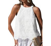 CUPSHE Damen Spitzenbluse mit Trägern, ausgeschnittener Halsausschnitt, ärmellos, bestickte Ösen, aus Baumwolle, lockere Passform, Sommer, Freizeit, Strand, Urlaubsshirt, weiß, XL