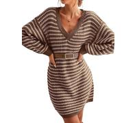 CUPSHE Damen Strickkleid Pullikleid V Ausschnitt Langarm Streifen Herbst Winter Grobstrick Pulloverkleid Knit Sweater Mini Dress Kaffee M